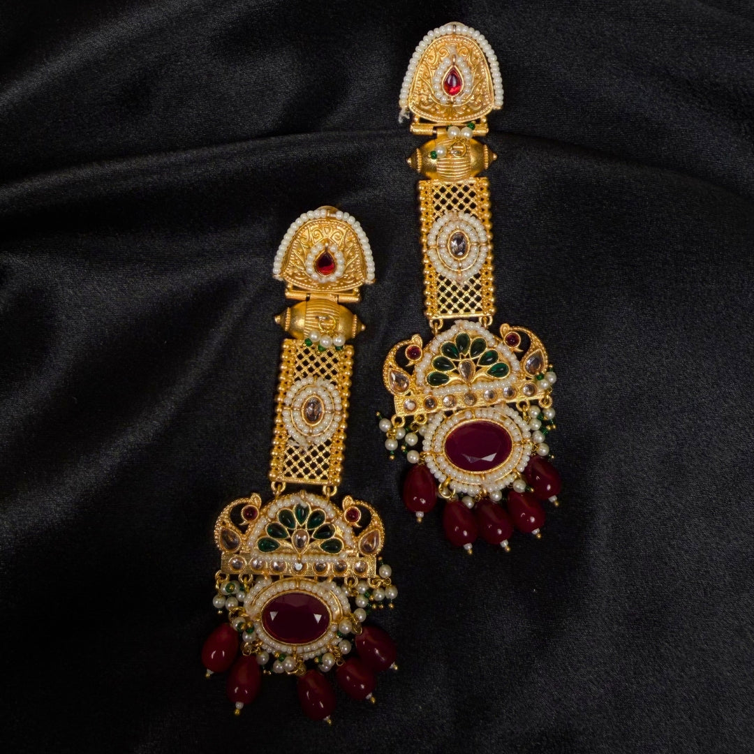 Gold Plated Peacock Jhumka Earrings – Red & Green Stones