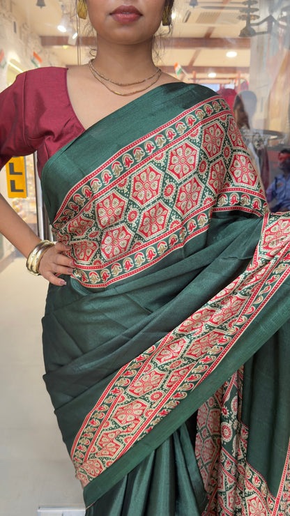 Elegant Dark Green Printed Silk Saree with Traditional Border
