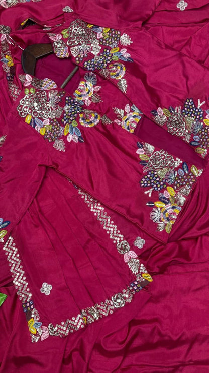 Ready-to-Wear Magenta Saree Set with Intricate Embroidery Jacket