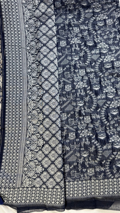 Banarashe Navy Blue & Cream Handloom Banarasi CottonsSaree with Dual Motifs