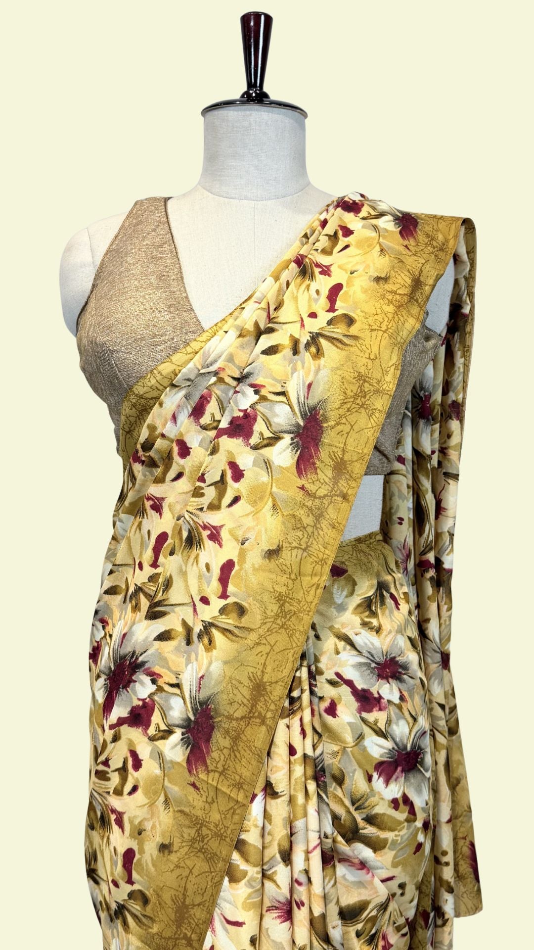Mustard Yellow Floral Print Synthetic Saree