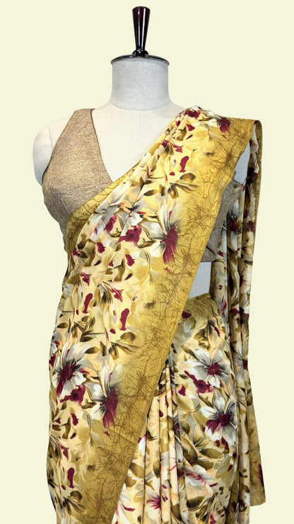 Mustard Yellow Floral Print Synthetic Saree