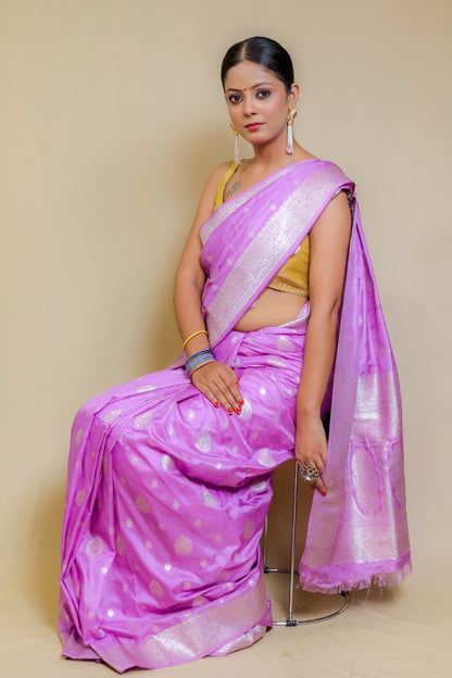 Exquisite Lilac Banarasi Italian Crepe Chinon Silk Saree