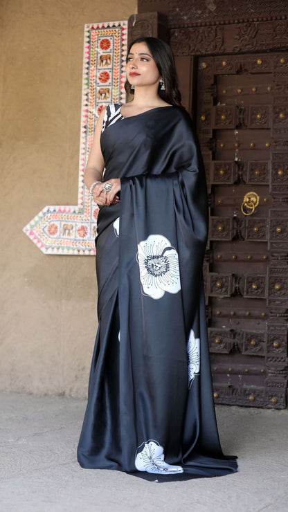 Black Satin Saree with Digital Print