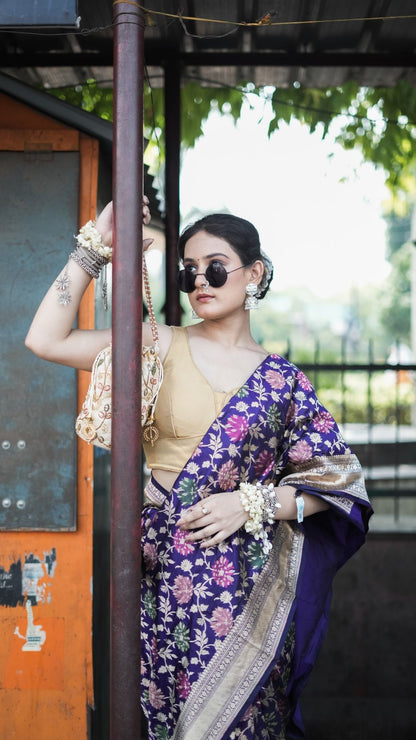 Pure Silk Handloom Katan Tilfi Jungla Meenakari Saree – Royal Purple