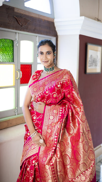 Rang Mahal Banarasi Katan Silk Saree – Vibrant Rose Woven Dream