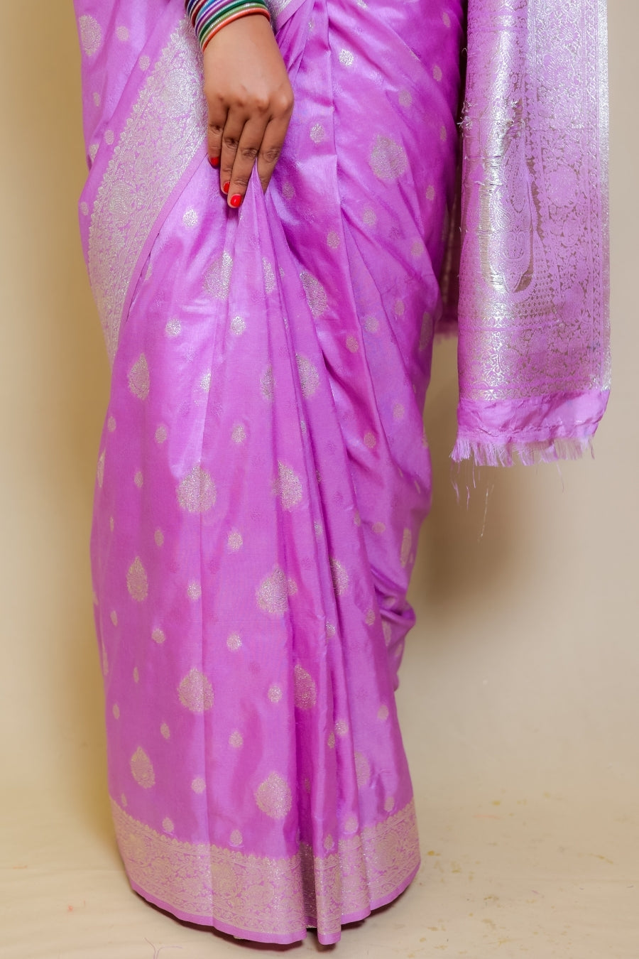 Exquisite Lilac Banarasi Italian Crepe Chinon Silk Saree