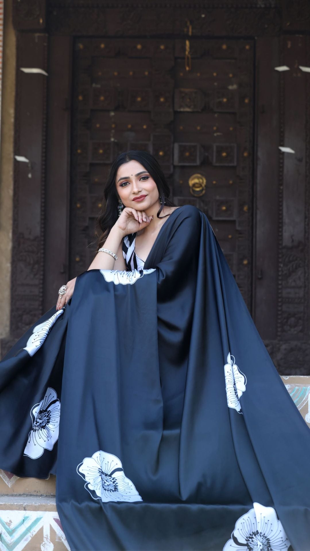 Black Satin Saree with Digital Print