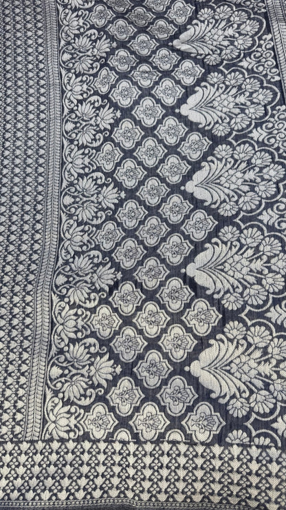 Banarashe Navy Blue & Cream Handloom Banarasi CottonsSaree with Dual Motifs