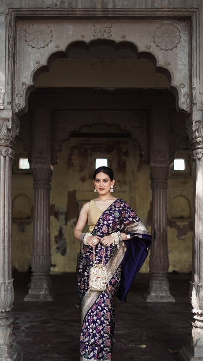 Pure Silk Handloom Katan Tilfi Jungla Meenakari Saree – Royal Purple