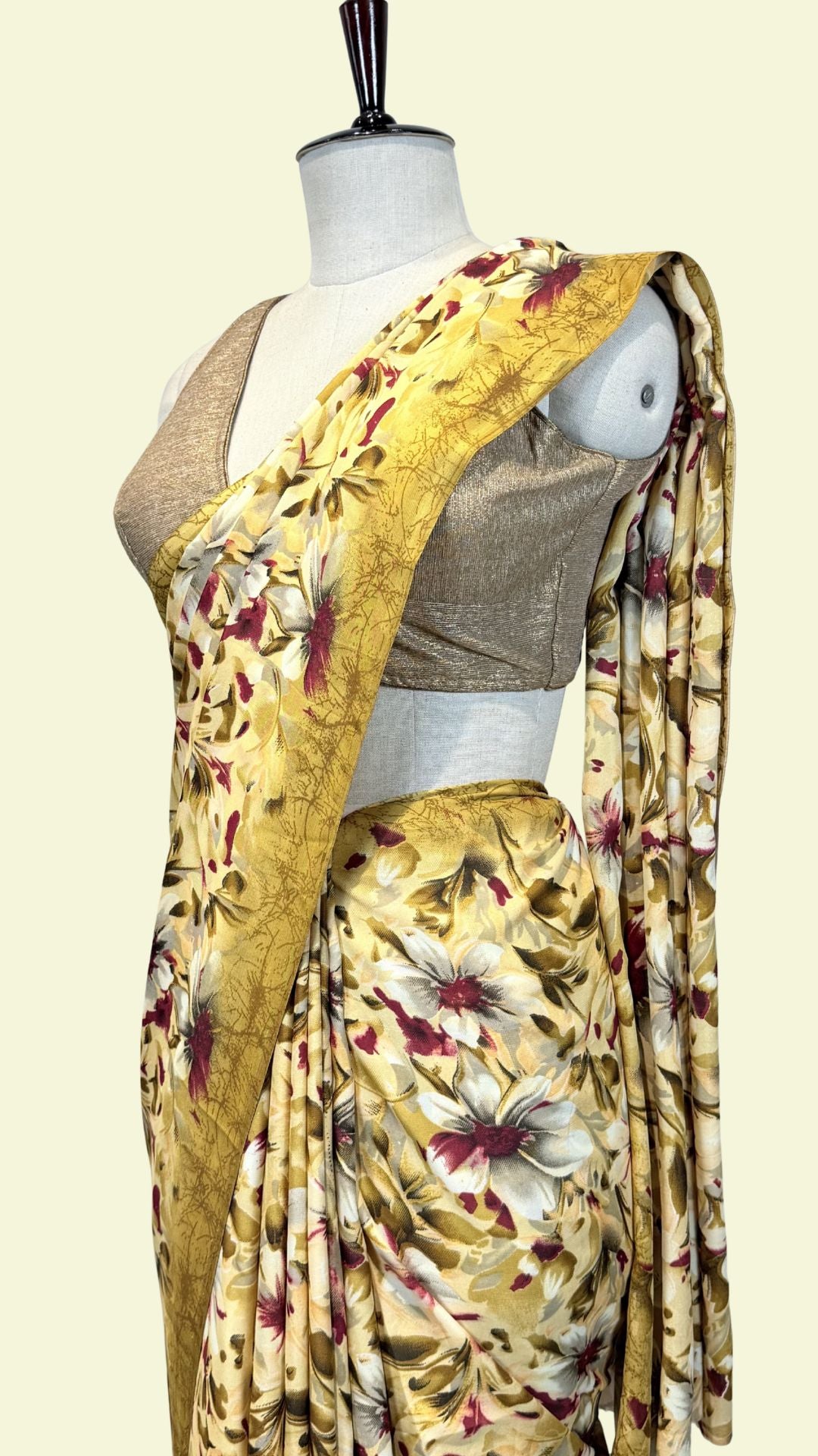 Mustard Yellow Floral Print Synthetic Saree