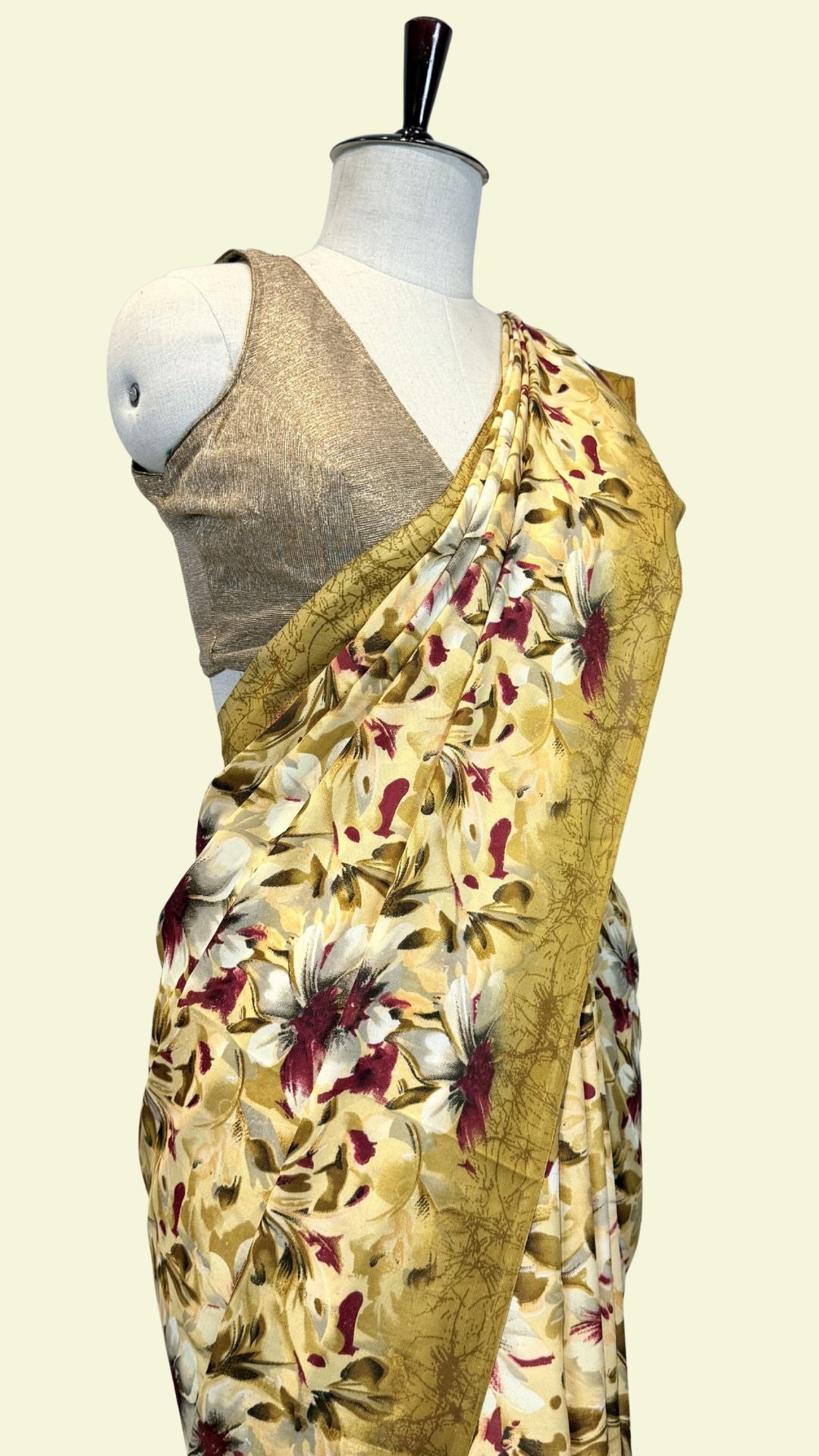 Mustard Yellow Floral Print Synthetic Saree