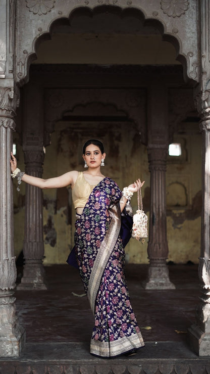 Pure Silk Handloom Katan Tilfi Jungla Meenakari Saree – Royal Purple