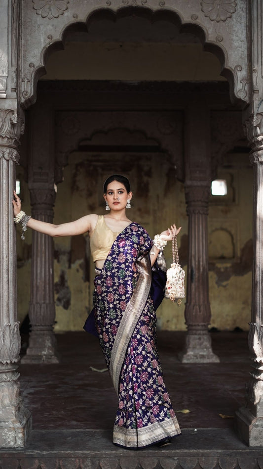 Pure Silk Handloom Katan Tilfi Jungla Meenakari Saree – Royal Purple