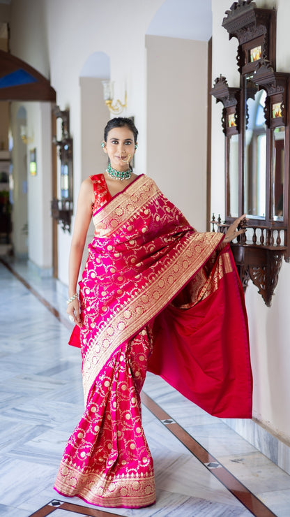 Rang Mahal Banarasi Katan Silk Saree – Vibrant Rose Woven Dream