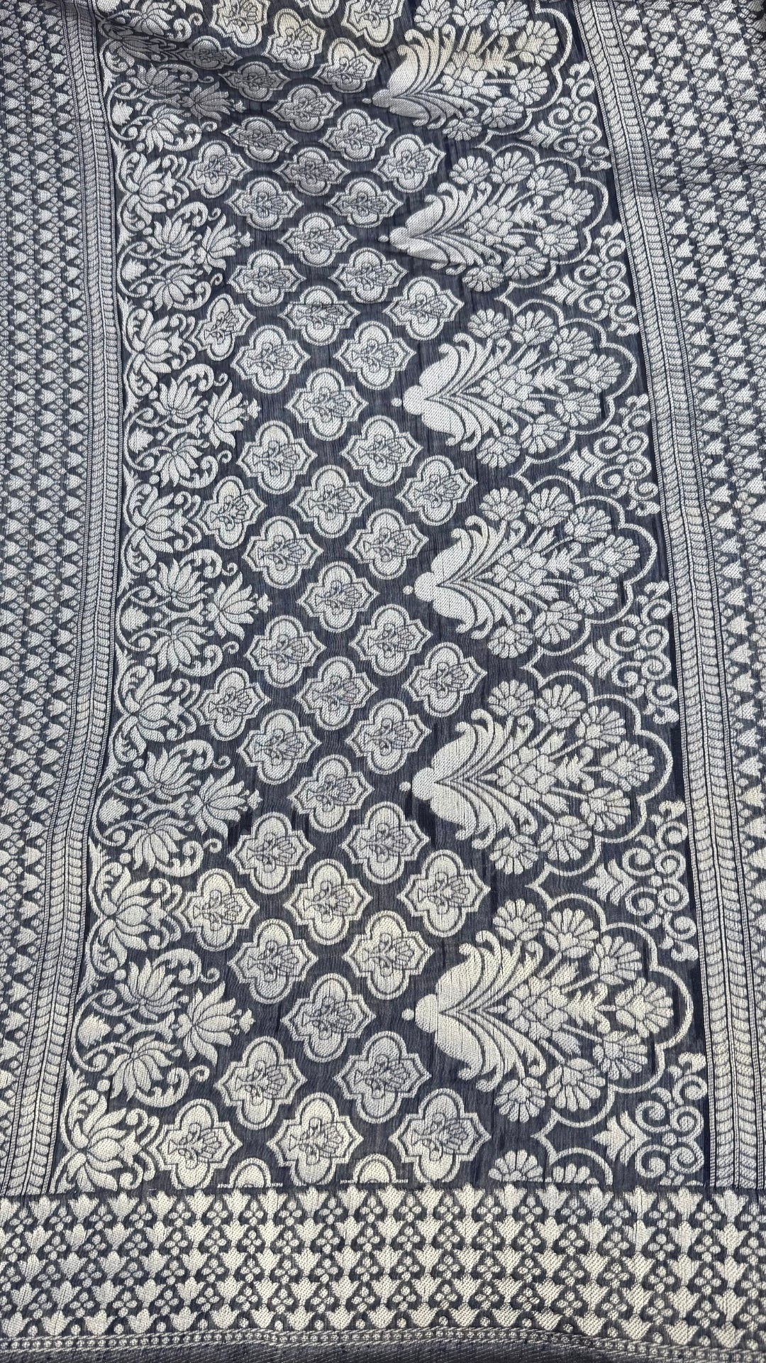 Banarashe Navy Blue & Cream Handloom Banarasi CottonsSaree with Dual Motifs