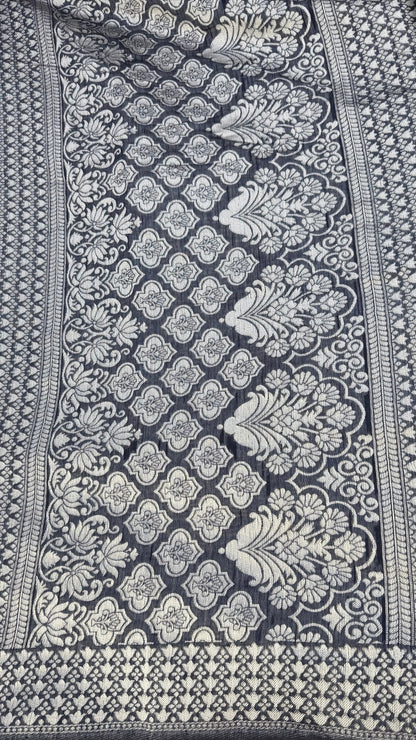 Banarashe Navy Blue & Cream Handloom Banarasi CottonsSaree with Dual Motifs