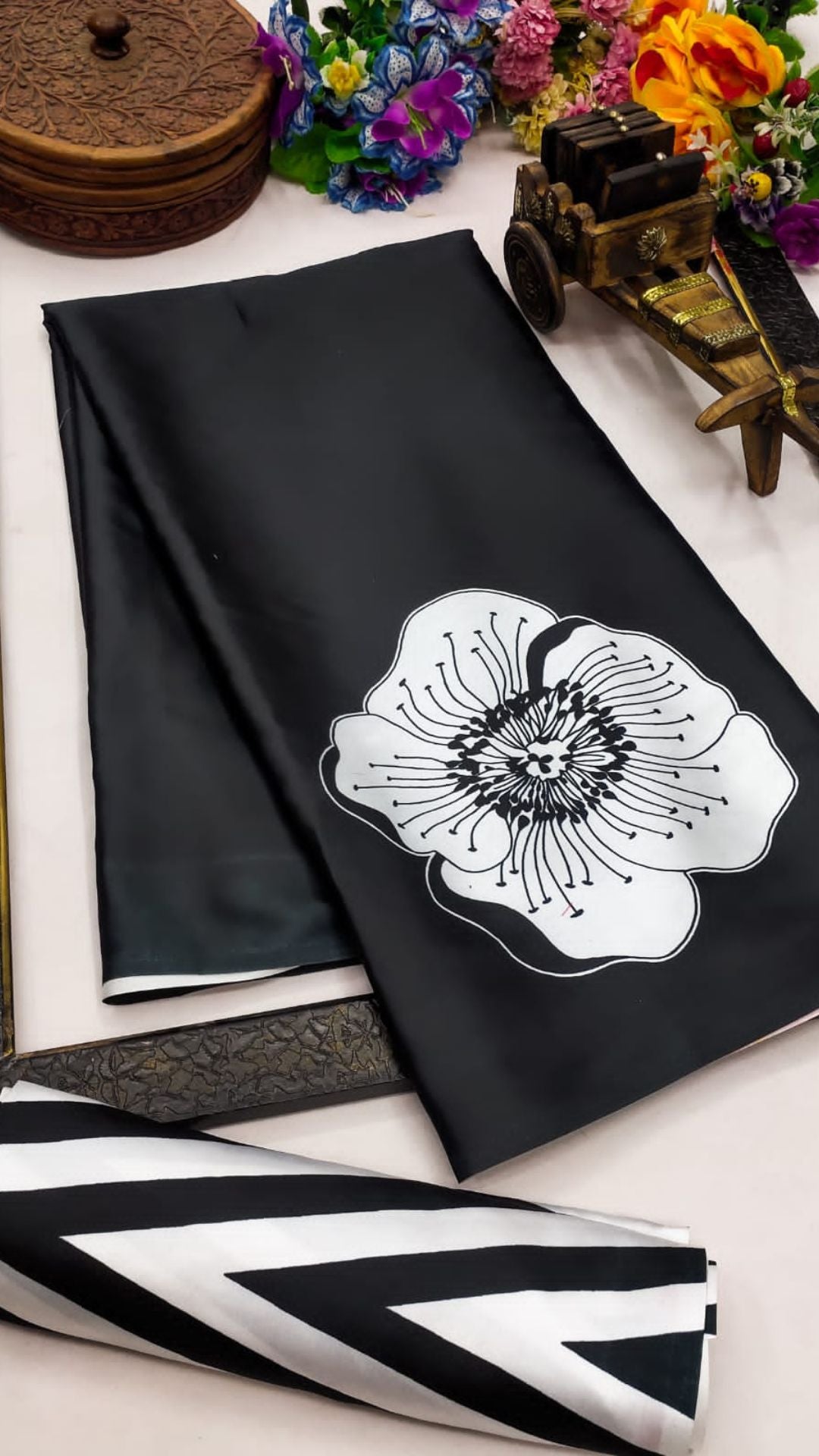 Black Satin Saree with Digital Print