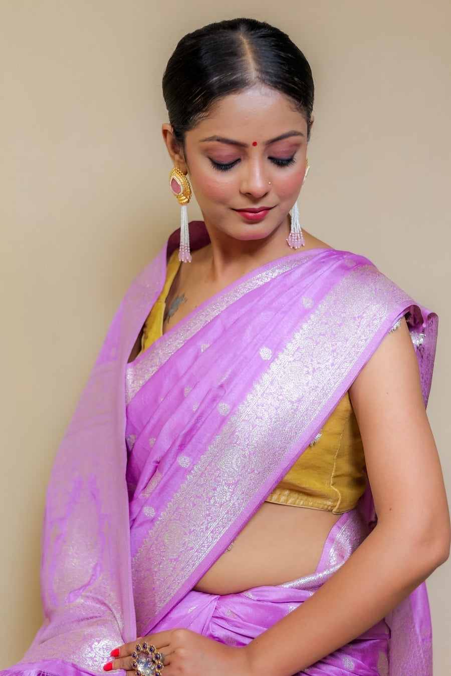Exquisite Lilac Banarasi Italian Crepe Chinon Silk Saree