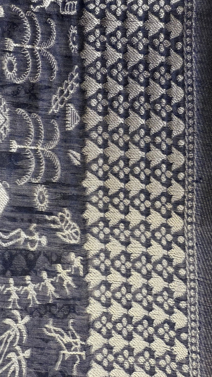 Banarashe Navy Blue & Cream Handloom Banarasi CottonsSaree with Dual Motifs
