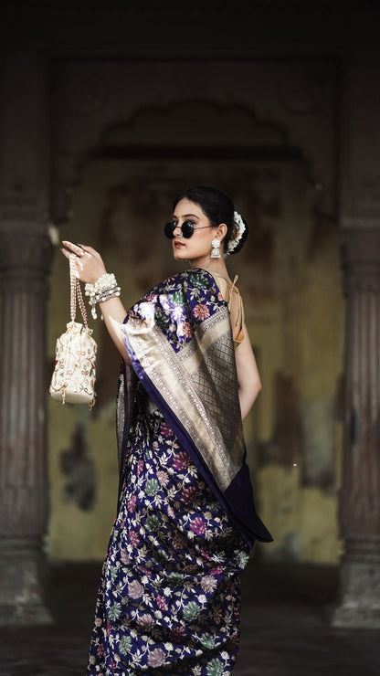 Pure Silk Handloom Katan Tilfi Jungla Meenakari Saree – Royal Purple