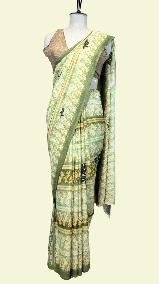Sage Green Floral Printed Synthetic Saree