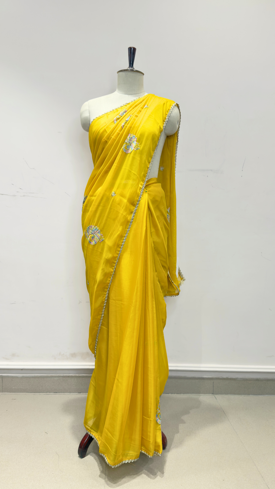 Banarashe Yellow Embroidered Saree with Multicolour Peacock Motifs & Silver Lace Border