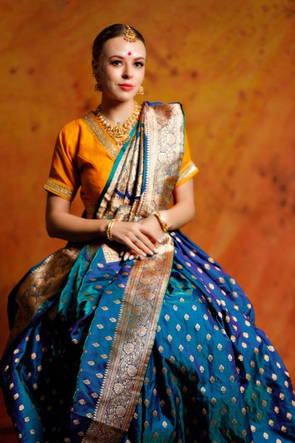 Blue Katan Silk Silver-Gold Brocade Pure Katan Silk Banarasi Saree
