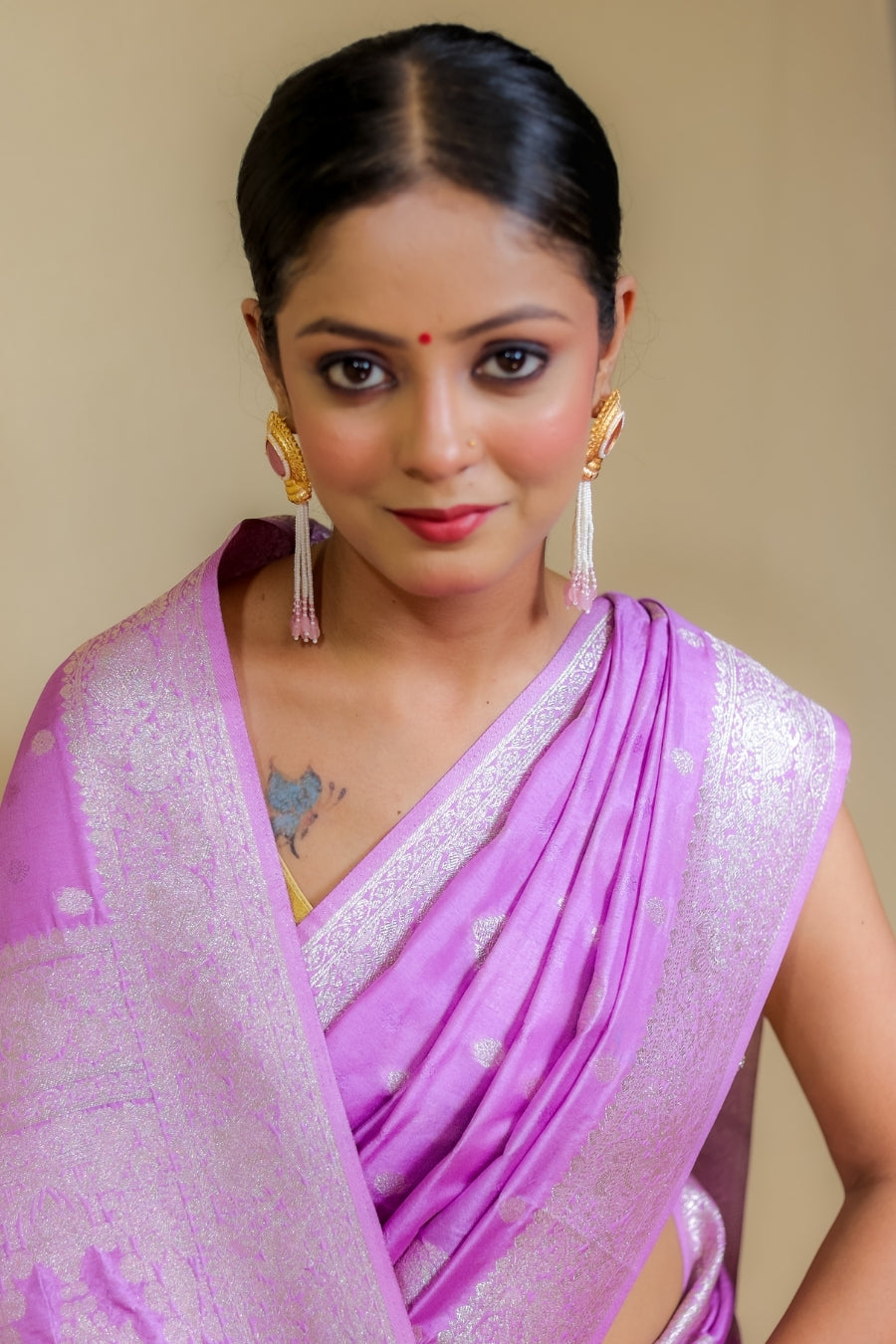 Exquisite Lilac Banarasi Italian Crepe Chinon Silk Saree