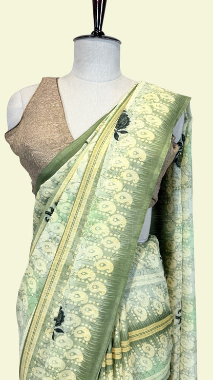 Sage Green Floral Printed Synthetic Saree