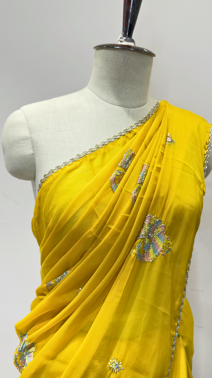 Banarashe Yellow Embroidered Saree with Multicolour Peacock Motifs & Silver Lace Border