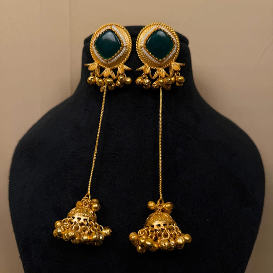 Earrings with Green Stone, Pearl Accents, Jhumka Danglers
