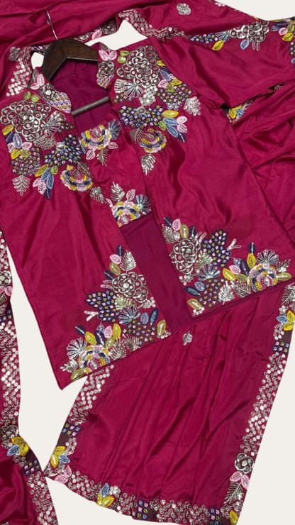 Ready-to-Wear Magenta Saree Set with Intricate Embroidery Jacket