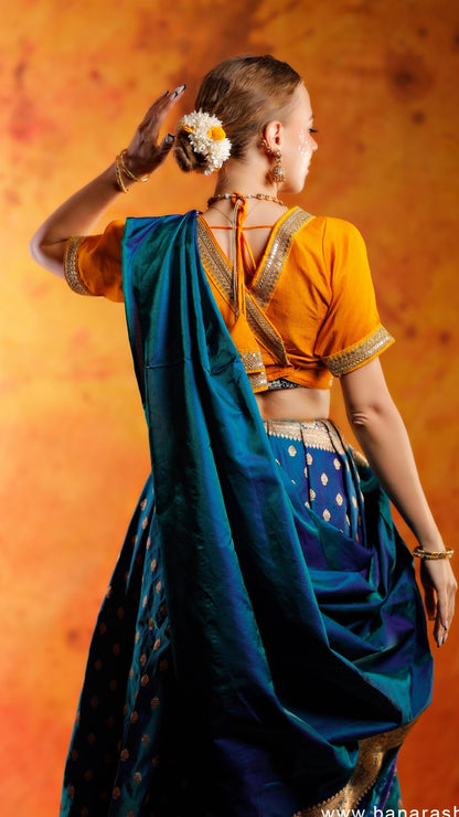 Blue Katan Silk Silver-Gold Brocade Pure Katan Silk Banarasi Saree