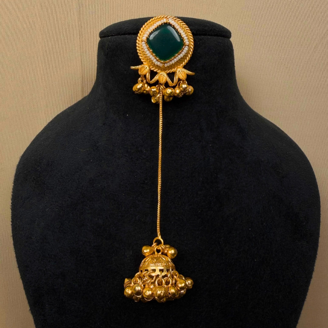 Earrings with Green Stone, Pearl Accents, Jhumka Danglers