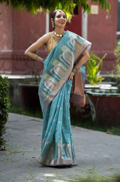 Mercerised Cotton Fancy Alfi Saree – Blue with Meenakari Zari Border