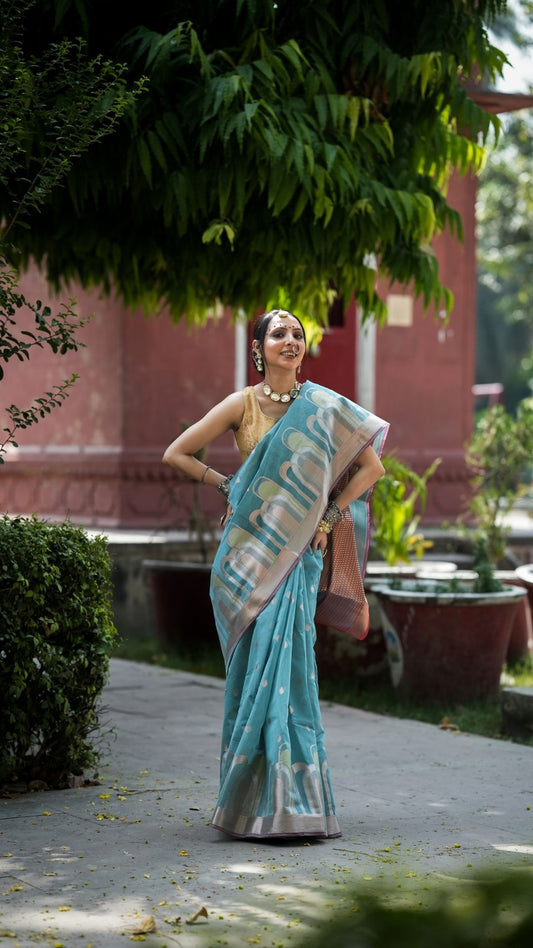 Mercerised Cotton Fancy Alfi Saree – Blue with Meenakari Zari Border