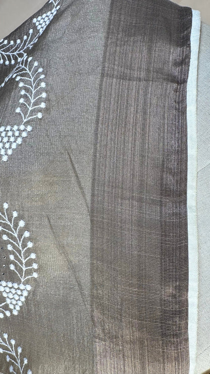 Elegant grey tissue Saree with Embroidery border& Floral Motifs,
