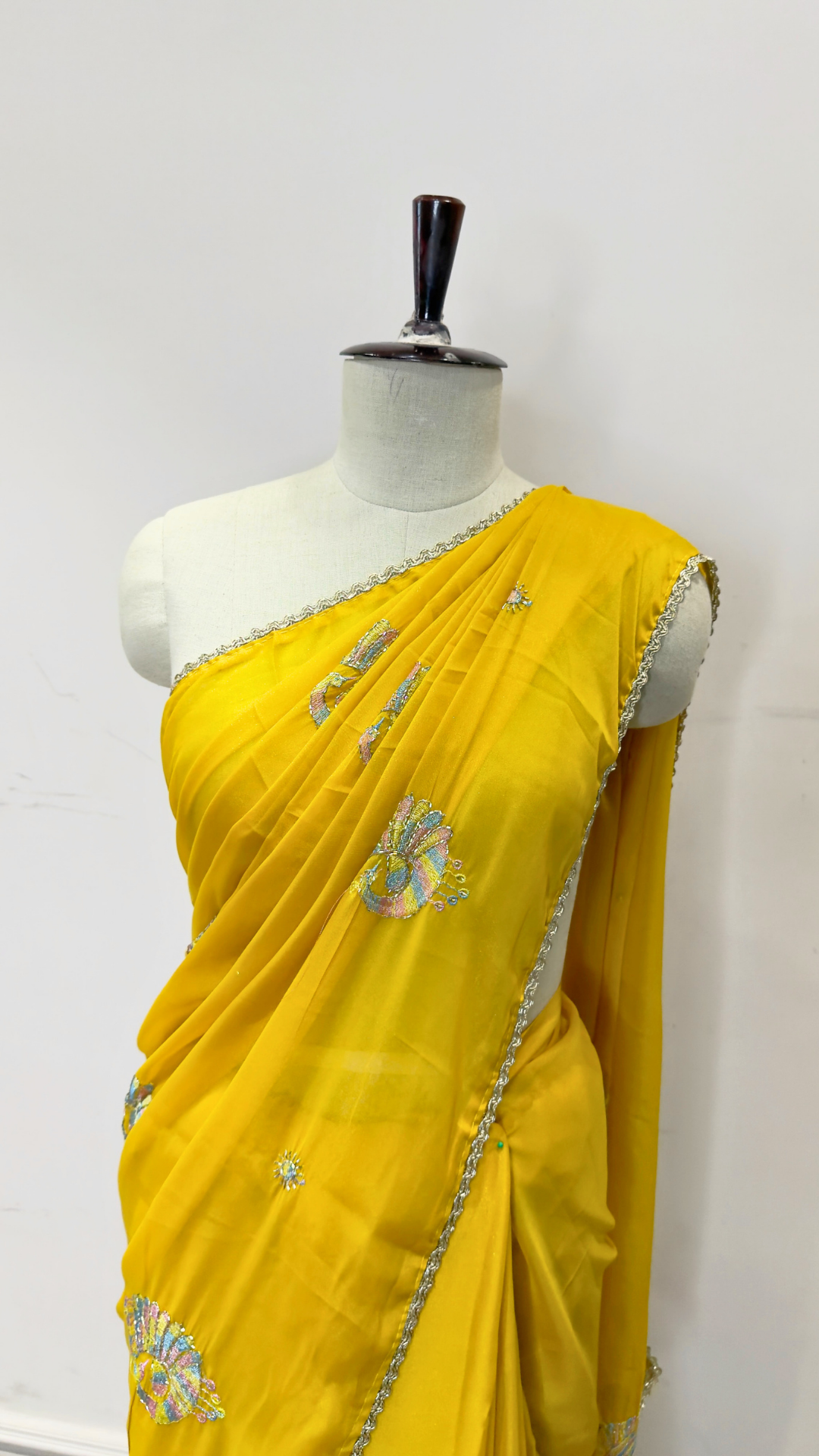 Banarashe Yellow Embroidered Saree with Multicolour Peacock Motifs & Silver Lace Border