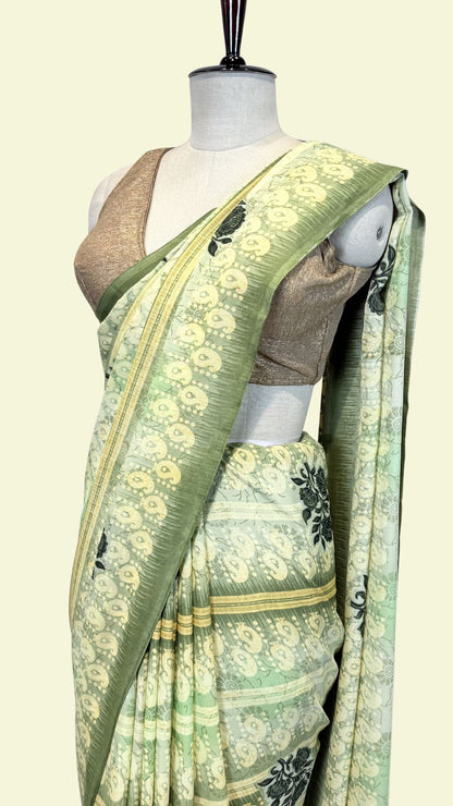 Sage Green Floral Printed Synthetic Saree