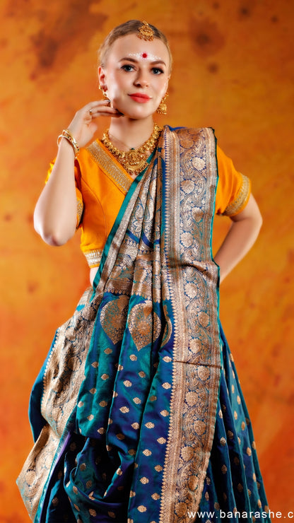 Blue Katan Silk Silver-Gold Brocade Pure Katan Silk Banarasi Saree