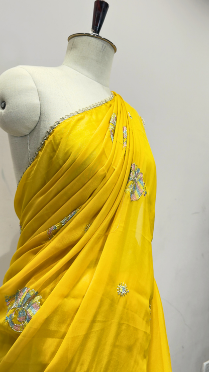 Banarashe Yellow Embroidered Saree with Multicolour Peacock Motifs & Silver Lace Border