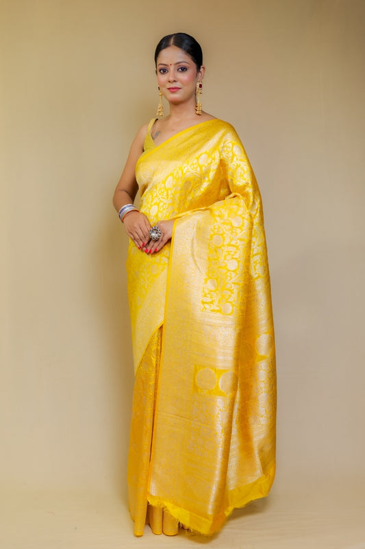 Bright Canary Yellow Banarasi Patola Italian Crepe Silk Saree with Silver Zari