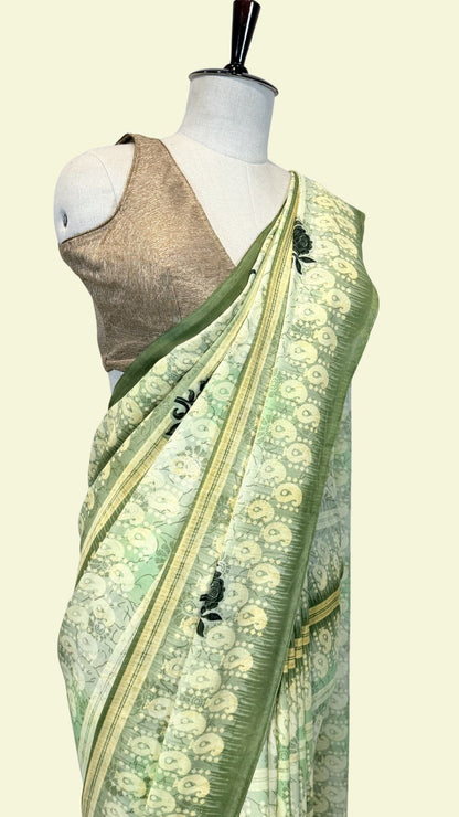 Sage Green Floral Printed Synthetic Saree