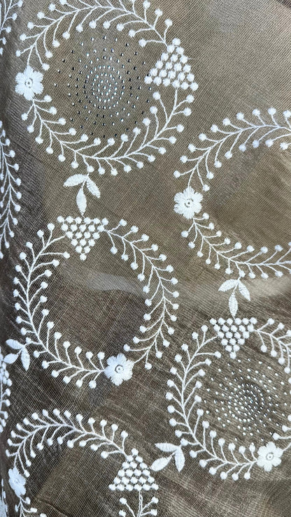 Elegant grey tissue Saree with Embroidery border& Floral Motifs,