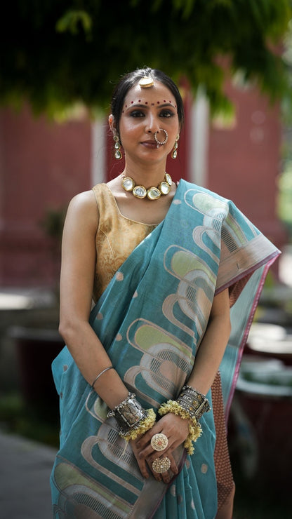 Mercerised Cotton Fancy Alfi Saree – Blue with Meenakari Zari Border