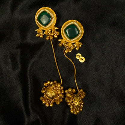 Earrings with Green Stone, Pearl Accents, Jhumka Danglers