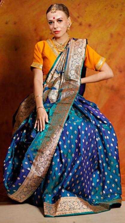 Blue Katan Silk Silver-Gold Brocade Pure Katan Silk Banarasi Saree