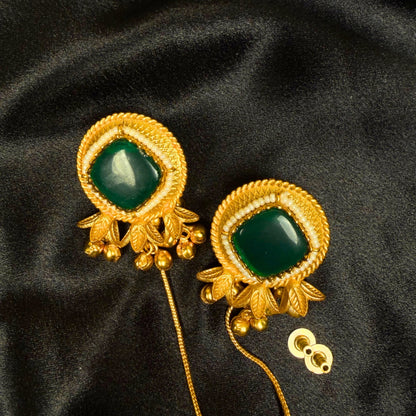 Earrings with Green Stone, Pearl Accents, Jhumka Danglers