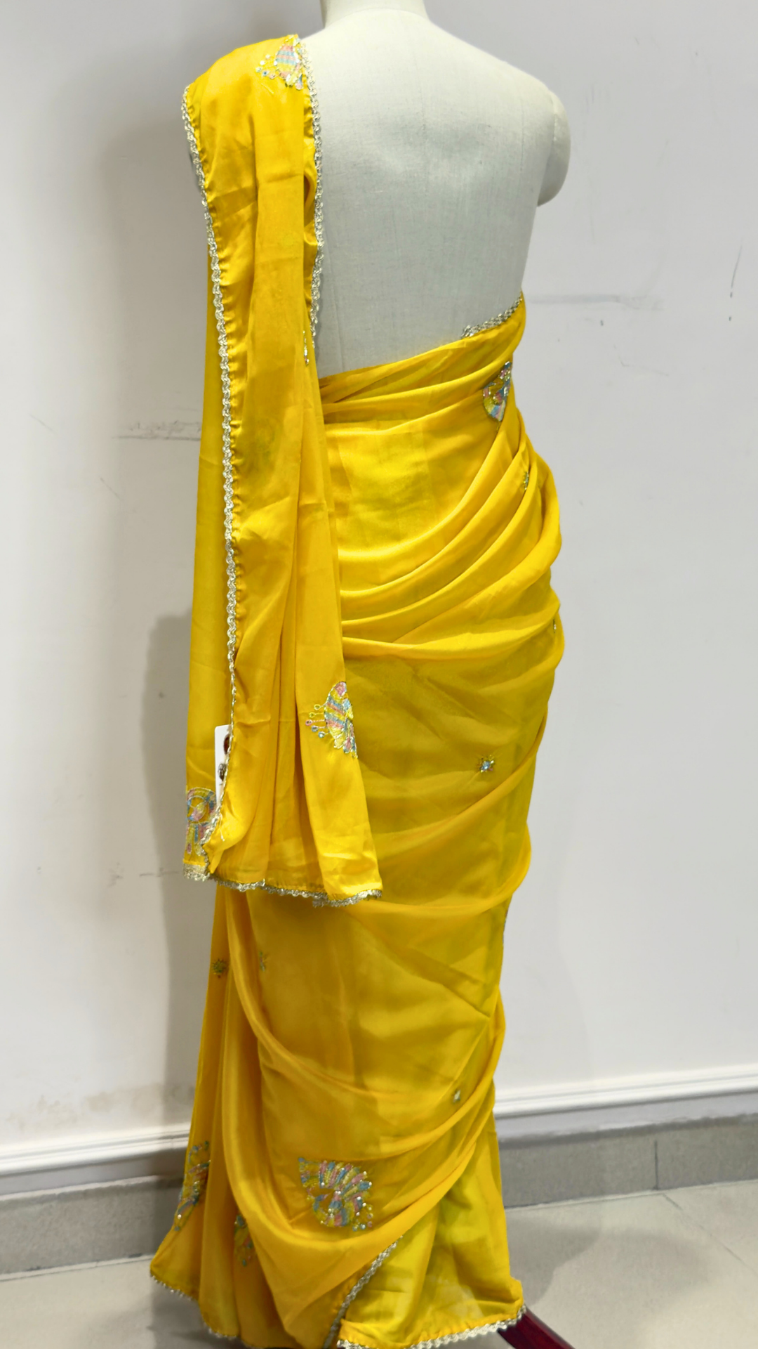 Banarashe Yellow Embroidered Saree with Multicolour Peacock Motifs & Silver Lace Border
